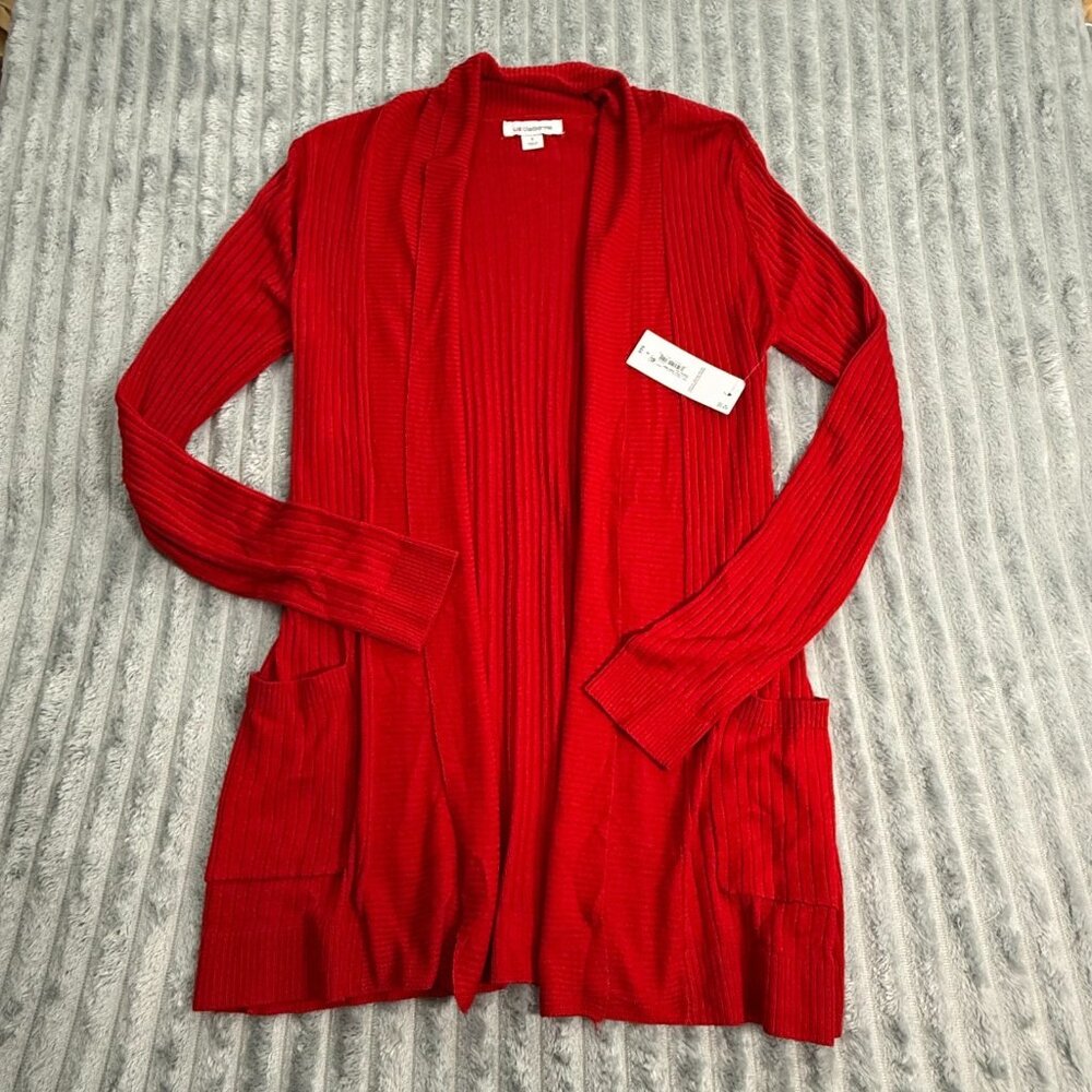 Liz Claiborne Cardigan Sweater Womens S Red Open Front Ribbed Knit Pockets NWT - Picture 5 of 8